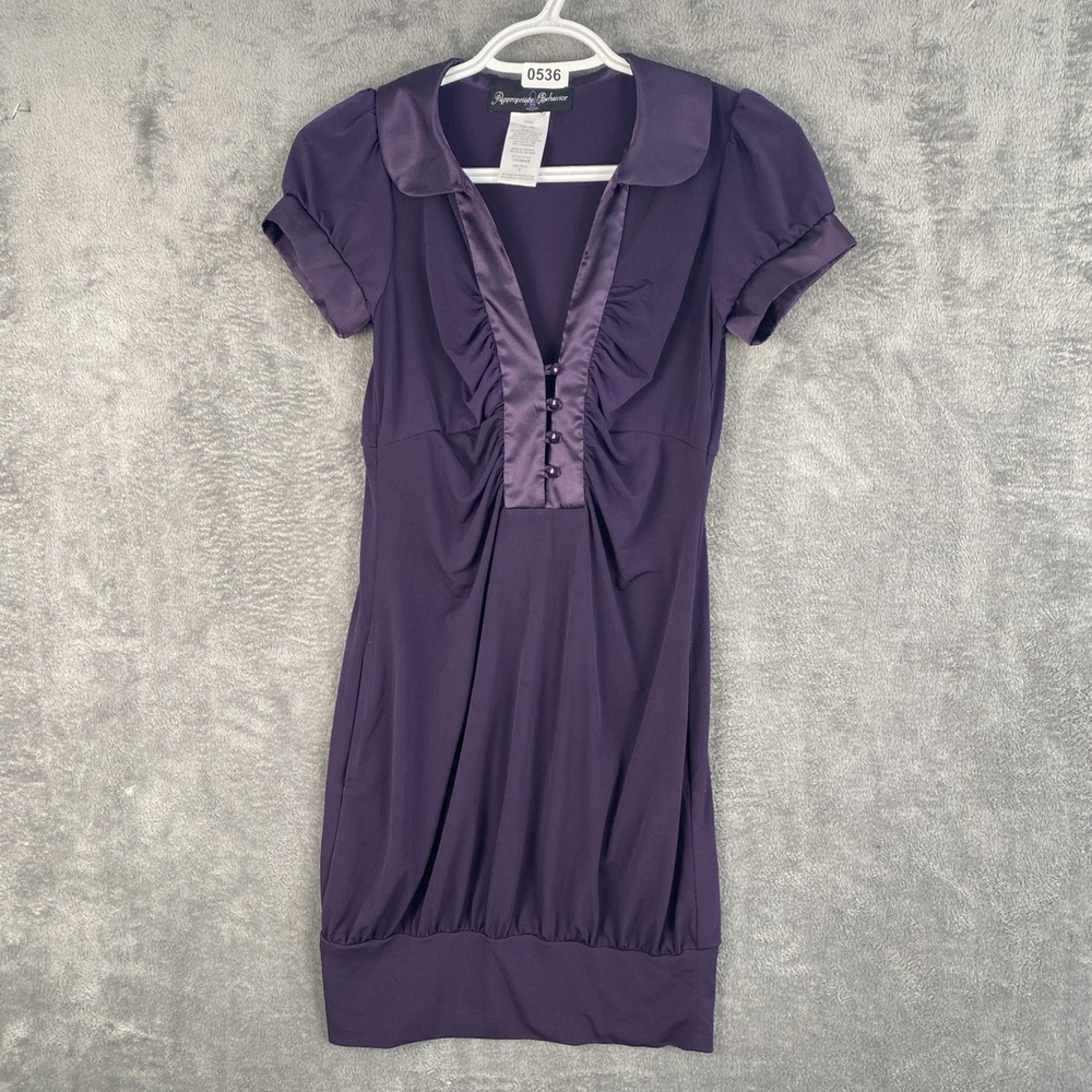 Purple satin trim cap sleeve size small Y2K dress fitted pockets